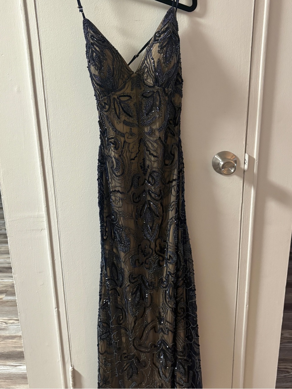 Beaded Navy & Nude Evening Gown - Elegant Spaghetti Strap Dress